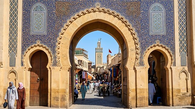 Bab Bou Jeloud Blue Gate in Fes Medina Morocco with Traditional Mosaic Tile Work and Minaret View, High Resolution Travel Photography of North African Islamic Architecture and Street Life
