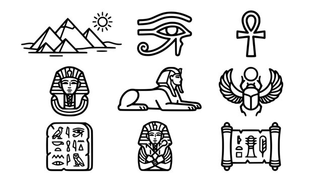 Ancient Egyptian hieroglyphs and pyramids vector icons set history culture line art collection