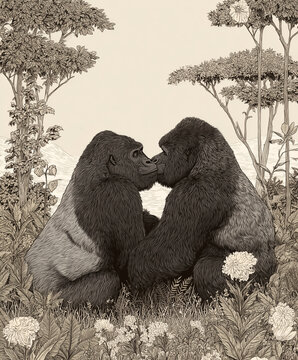 Two gorillas sitting closely together in lush jungle, surrounded by tropical plants and flowers, displaying affection and connection in peaceful natural setting
