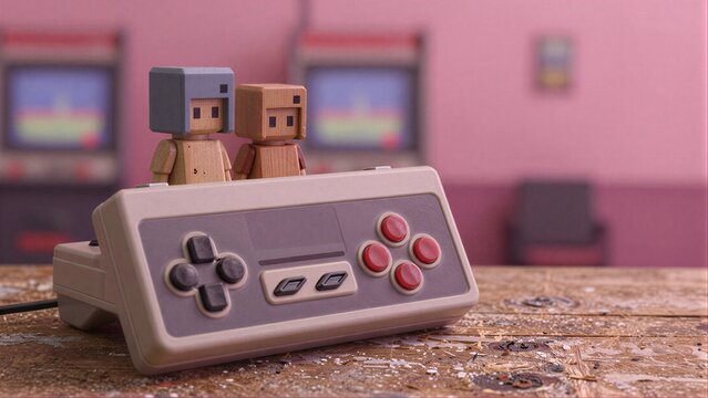 Pixelated game characters sit atop a retro controller on wooden table.