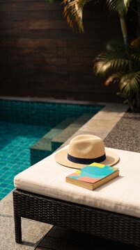 Relaxing poolside scene with sun hat and colorful book on lounge chair