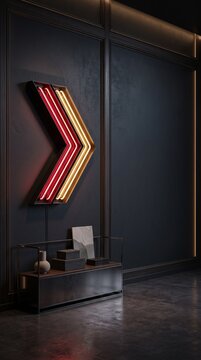 Modern interior design with neon arrow wall light and minimalist decor