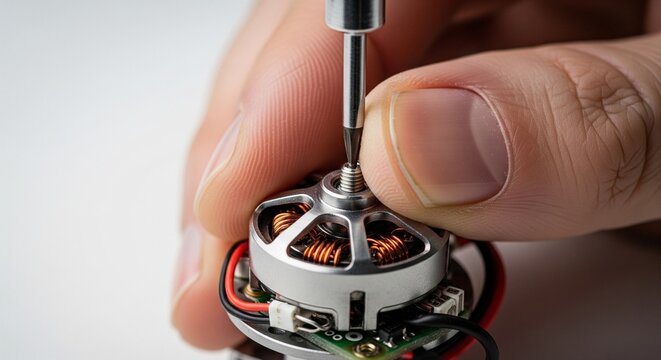Close-up of hand screwing motor into drone brushless motor assembly