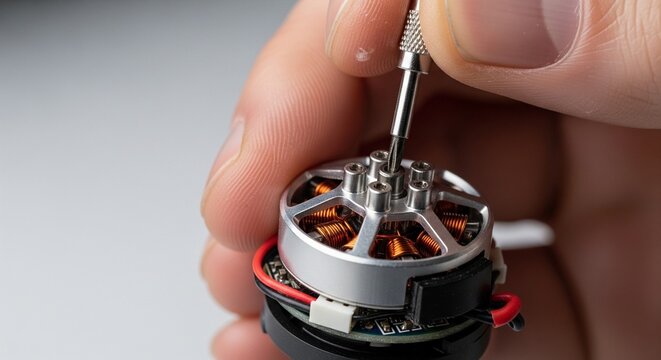 Close-up of hand soldering wires onto a drone motor brushless component