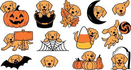 Obraz premium Cute Halloween golden retriever puppies vector set featuring cartoon dogs with jack o lantern pumpkins candy corn lollipop treat baskets and autumn holiday illustrations,