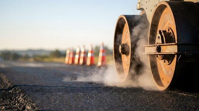 Heavy road roller compacting hot fresh asphalt with steam during highway construction repair work
