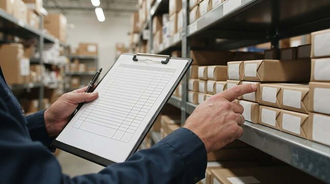 Worker checking packaged products on a storage shelf using a clipboard inventory checklist.