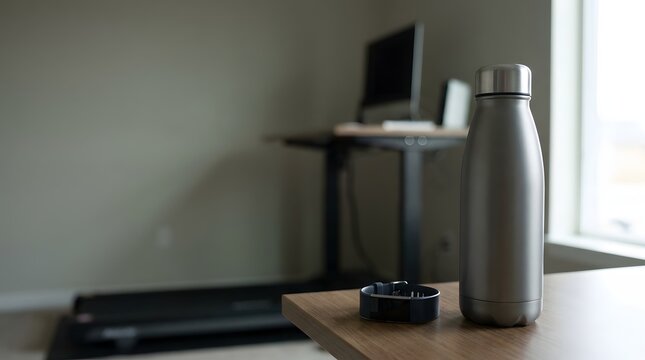 Stainless steel water bottle on desk with walking pad treadmill and standing workstation in room