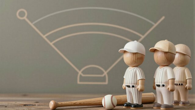 Wooden baseball players stand ready, with bat and ball on rustic table.