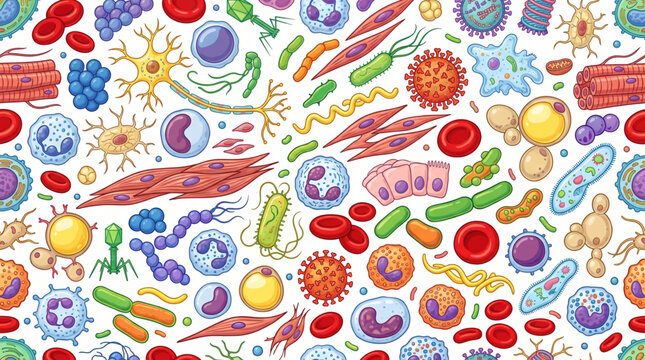Human Body Cells and Microbiology Seamless Pattern