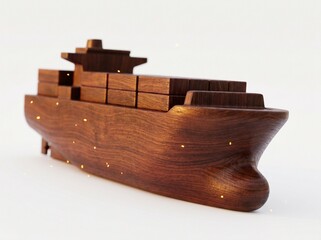 Fototapeta premium Handcrafted wooden cargo ship model on display with floating ethereal light particles
