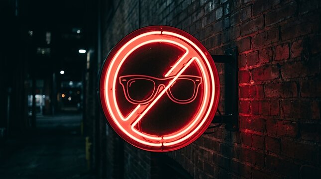 Red glowing neon warning sign depicting a prohibited sunglasses symbol with a diagonal slash on a dark background neon sign forbidden prohibited warning sunglasses glasses ban restricted no symbol