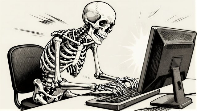 Skeleton types furiously at computer, embodying endless digital work.