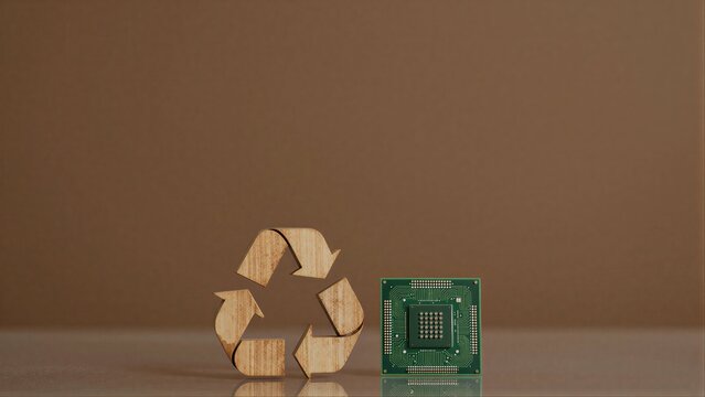 Wooden recycling symbol beside a green circuit board, symbolizing tech sustainability.