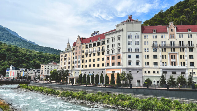 Rosa Khutor resort buildings along the river in Sochi