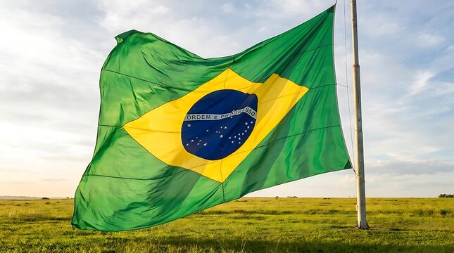 Brazil flag waving proudly in the open green landscape