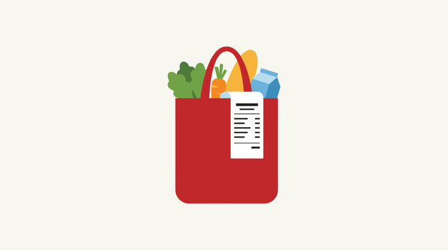 Red shopping bag filled with groceries and a receipt, flat design illustration on a light background