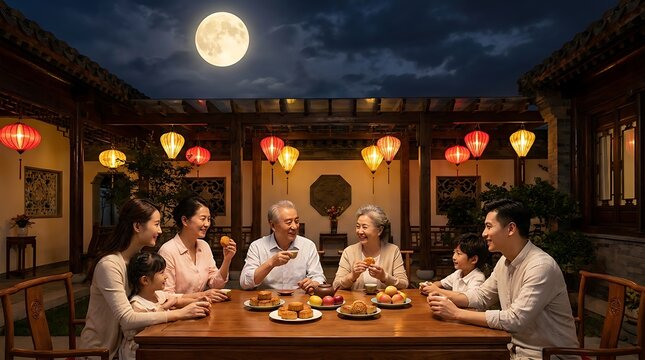 Family celebrating Mid Autumn festival under full moon
