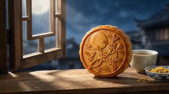 Mooncake near open window with moonlight and tea