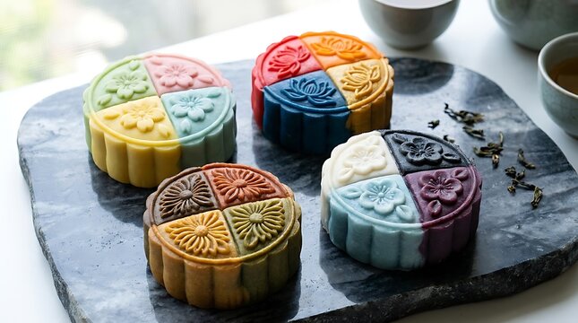 Colorful snow skin mooncakes on stone plate