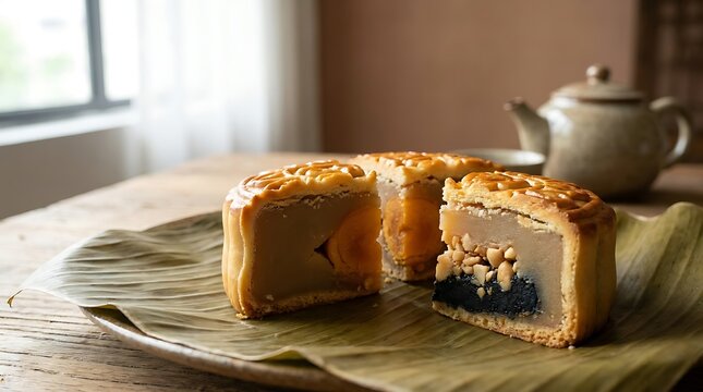 Sliced mooncake with salted egg yolk on banana leaf