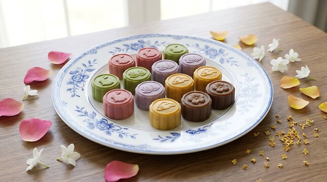 Colorful mini mooncakes on plate with flower petals