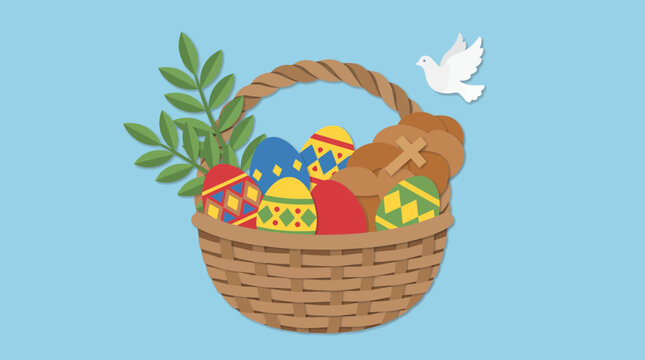 Slavic painted egg and bread basket prepared for easter blessing basket, papercut style