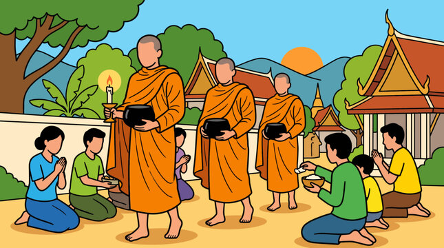 Traditional Buddhist monk alms morning round with rice bowl and candle, colorful clipart