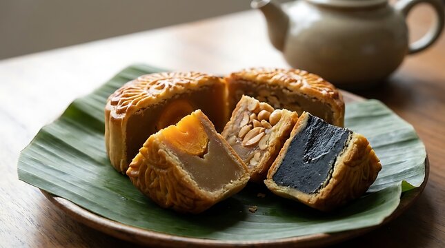 Sliced mooncake with assorted fillings on banana leaf