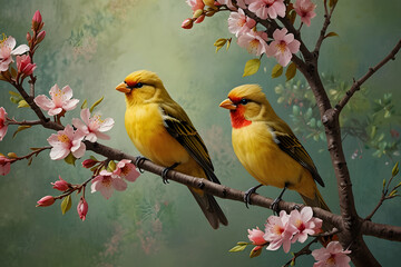 Obraz premium ellow and Red Birds Perched on Blooming Spring Tree Branch with Pink Flowers, Colorful Songbirds in a Vibrant Garden Scene, Fresh Seasonal Nature, Beautiful Floral Background and Wildlife Harmony