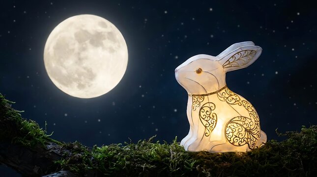 White rabbit lantern glowing under full moon at night