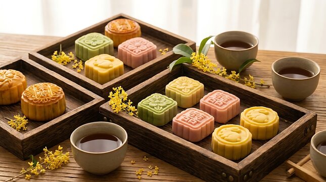 Traditional mooncakes on wooden trays with tea and flowers
