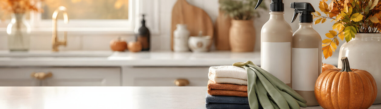Cozy kitchen scene featuring cleaning supplies, towels, and autumn decorations, creating warm and inviting atmosphere