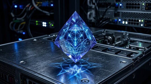 Luminous Blue Glass Ethereum Octahedron Over Node Server