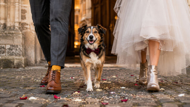 Happy Dog Walking Between Bride and Groom at Pet Friendly Wedding