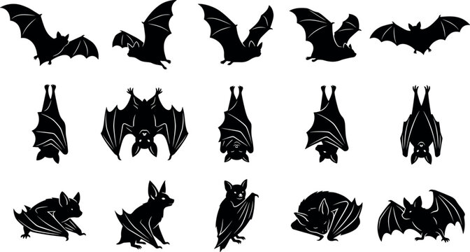 Black bat silhouette vector icon set featuring flying hanging sleeping spooky mammals for halloween party decorations and horror graphic design elements