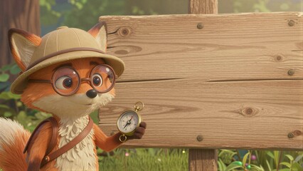 Naklejka premium A curious fox explorer with glasses and a compass stands beside a blank wooden sign.