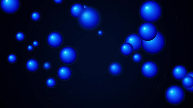 Abstract blue spheres floating and dissolving in dark deep space background motion graphics.