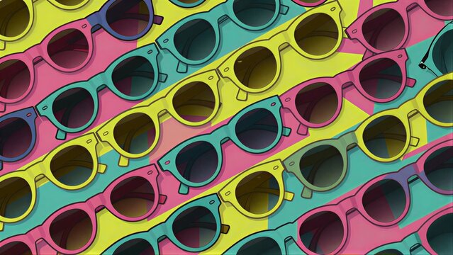 Vibrant, colorful sunglasses in a playful pattern on bold striped background.