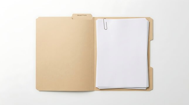 Open Manila File Folder with Project Files Label, White Paper Stack and Paperclip on White Background, Top View Minimalist Office Stationery and Document Management Concept Mockup.
