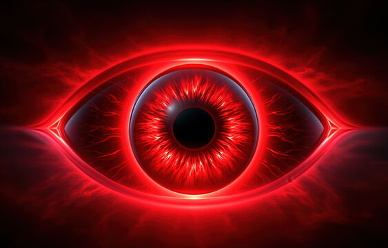 Red eye abstract glowing eye digital illustration intense red iris black pupil futuristic symbol dark background