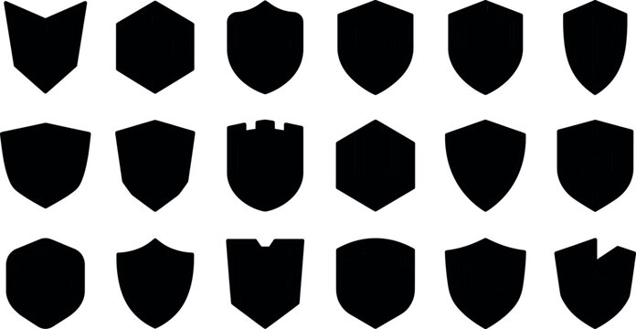 Black shield silhouette vector icon set representing cyber security data protection military defense emblem guard badges and corporate security logo elements