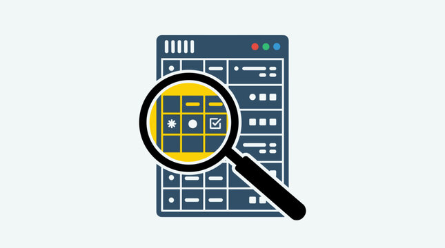 Magnifying glass analyzing data grid table for business audit and information search