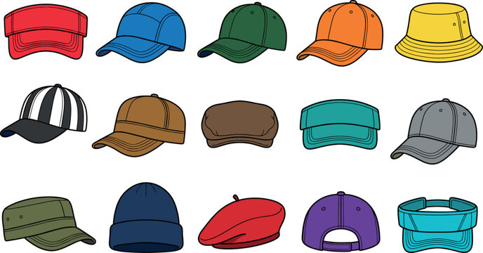 Colorful headwear and cap vector illustration set featuring baseball hats bucket hats visors beanies berets and casual summer street style fashion elements