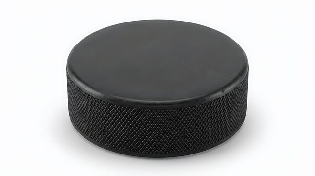 Professional Black Ice Hockey Puck Isolated on Plain White Background, Realistic 3D Render Illustration of Vulcanized Rubber Sports Equipment for Game Competition and Training Advertising