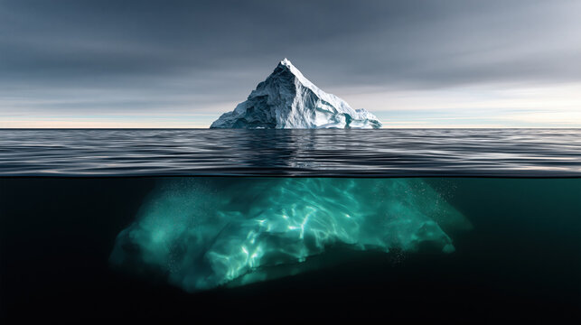 Colossal iceberg at waterline with turquoise underwater mass, cold ocean and cloudy sky, dramatic polar seascape