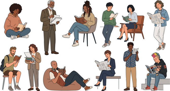 Diverse group of people reading books newspapers and magazines vector illustration set featuring multiracial characters studying sitting and standing positions