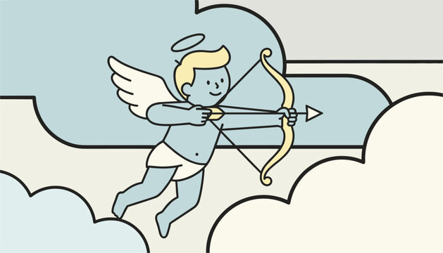 Cute blue cupid character flies through the clouds while aiming his bow and arrow in this charming vector illustration for romantic occasions.
