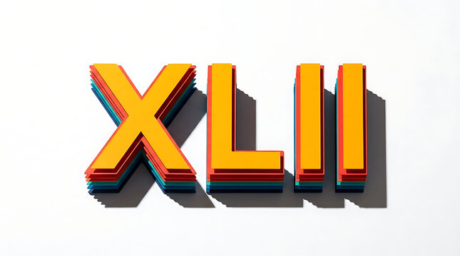 Three dimensional golden Roman numeral forty two crafted with colorful layered tiers casting dark shadows onto a bright surface for various creative projects and educational displays