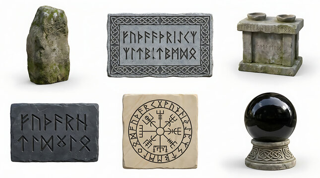 Ancient stone monuments and carved tablets display mysterious Norse symbols and magical runes gathered together inside a museum exhibition showcasing historical artifacts from medieval times